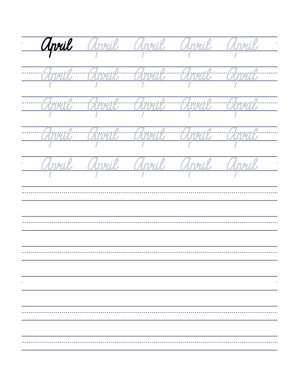 April Cursive Handwriting Practice Sheet