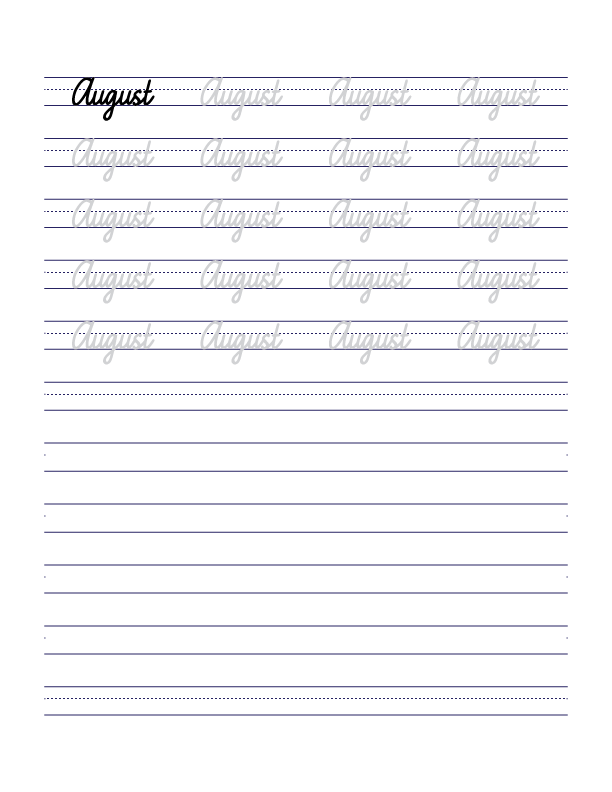 August Cursive Handwriting Practice Sheet