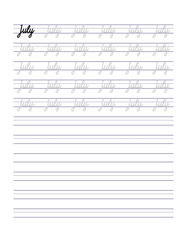 July Cursive Handwriting Practice Sheet