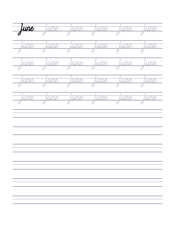 June Cursive Handwriting Practice Sheet