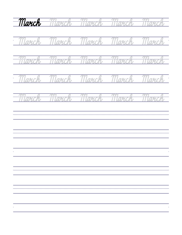 March Cursive Handwriting Practice Sheet