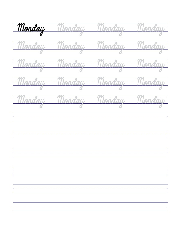 monday Cursive Handwriting Practice Sheets