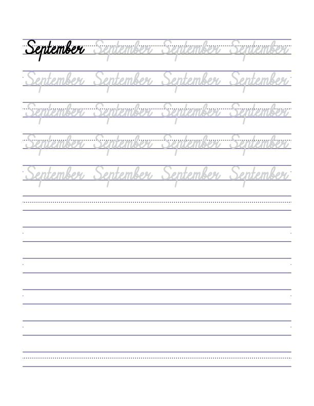 September Cursive Handwriting Practice Sheet