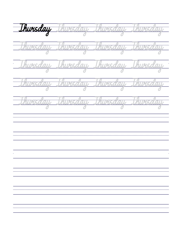 Thursday Cursive Handwriting Practice Sheets