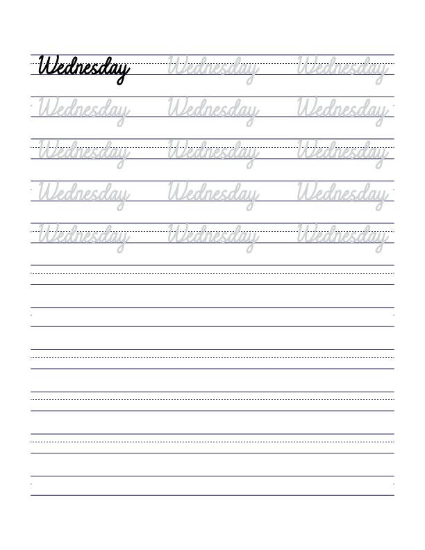 Wednesday Cursive Handwriting Practice Sheets