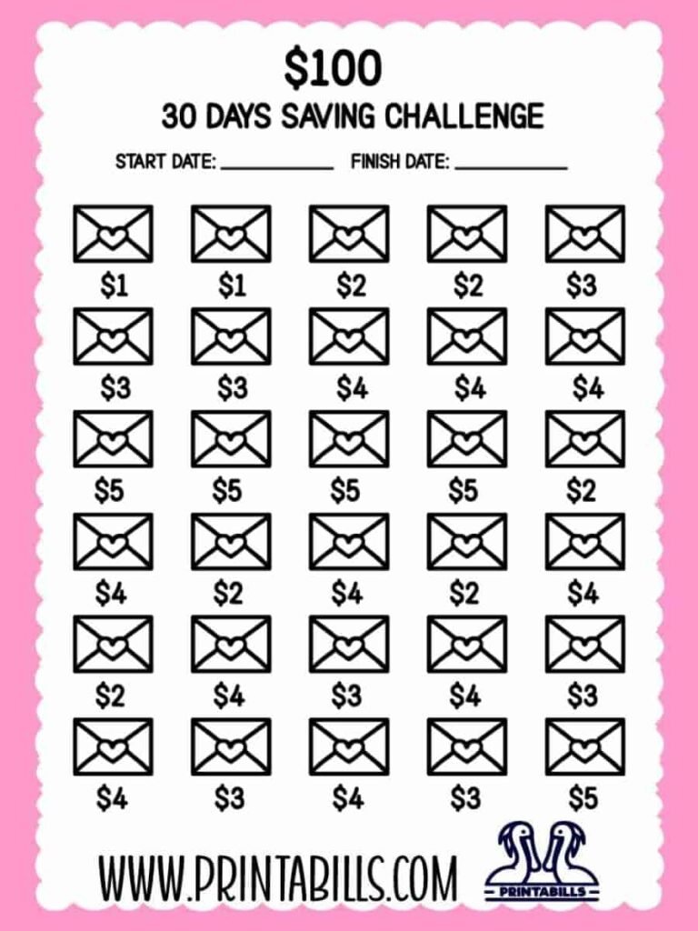 100 Dollar Saving Challenge In 30 Days Free Printable
