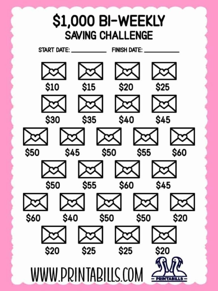 1000 Dollar Bi Weekly Saving Challenge Printable