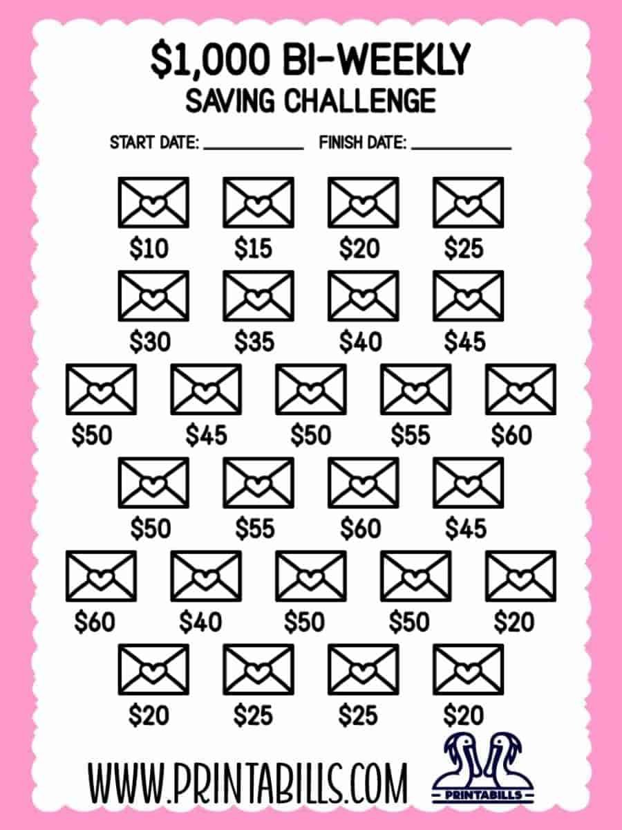1000 Dollar Bi Weekly Saving Challenge Printable