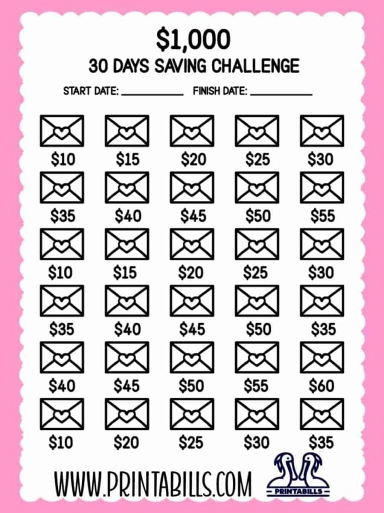 1000 Dollar Saving Challenge In 30 Days Printable