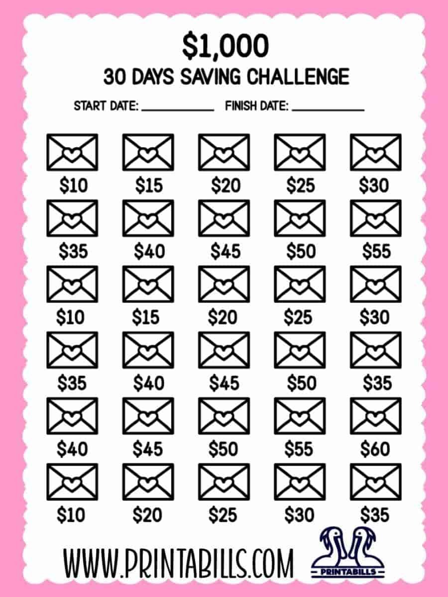 1000 Dollar Saving Challenge In 30 Days Printable