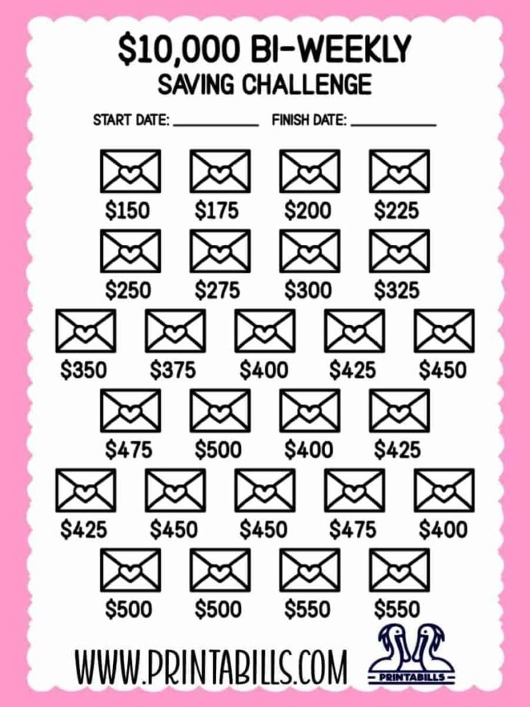 10000 Dollar Bi Weekly Saving Challenge Printable