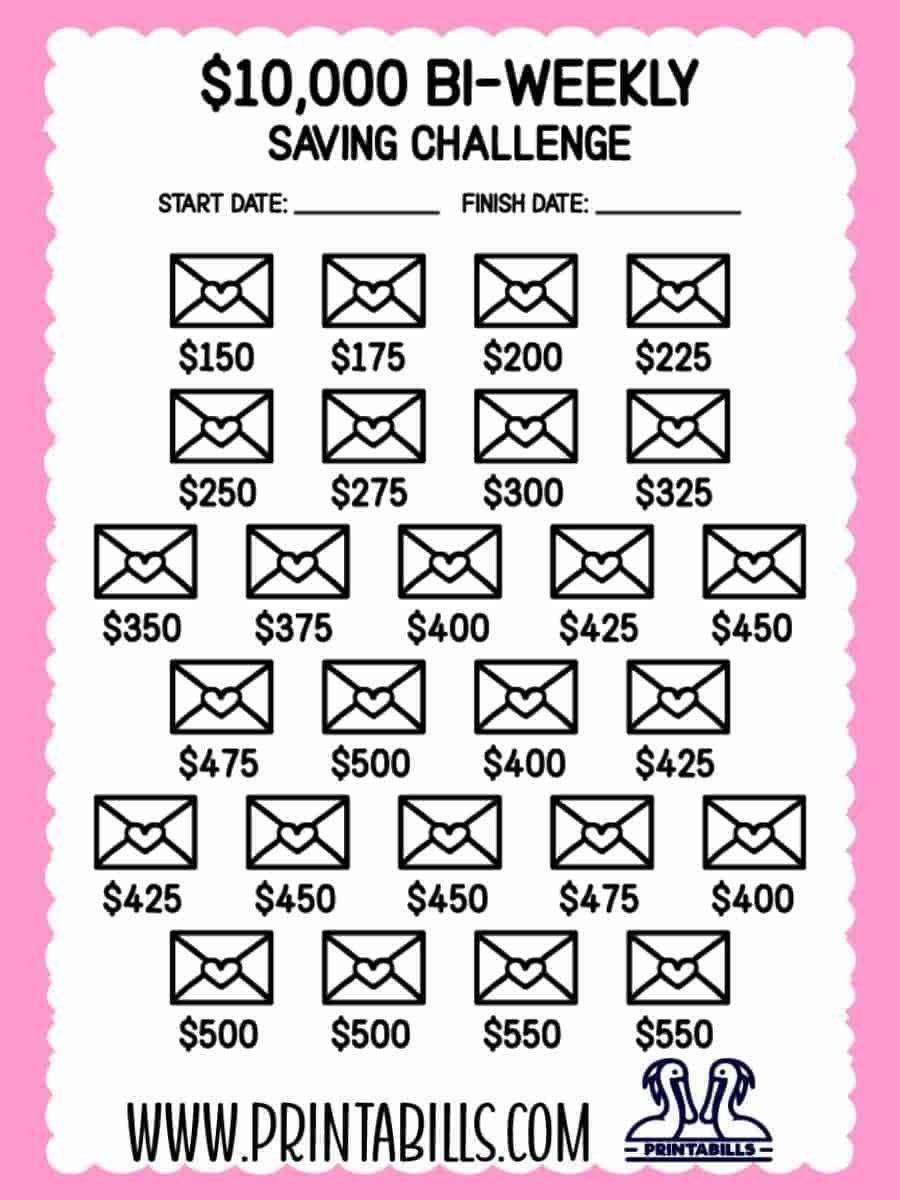 10000 Dollar Bi Weekly Saving Challenge Printable