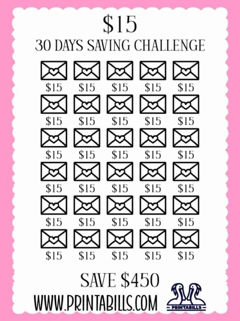 $15 A Day For 30 Days Savings Challenge Printable