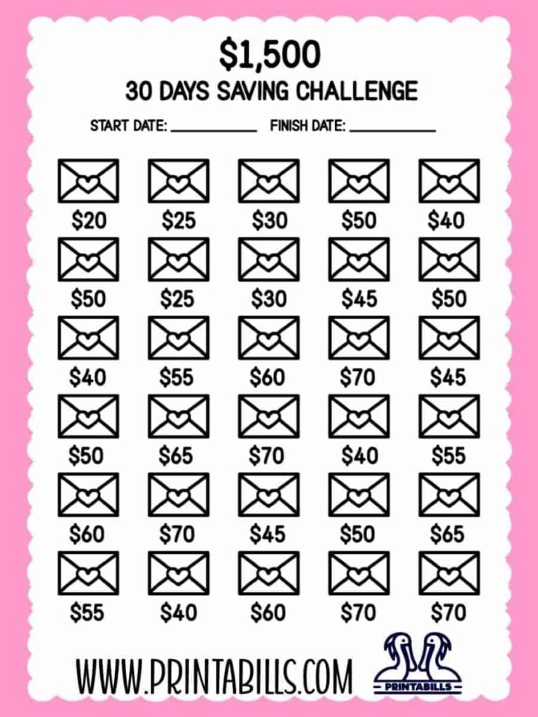 1500 Dollar Saving Challenge In 30 Days Free Printable