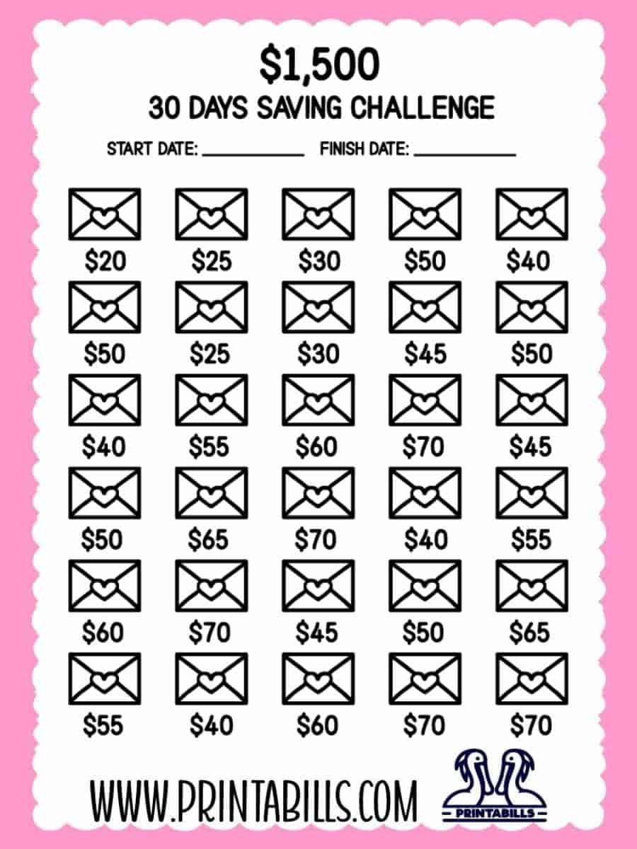 1500 Dollar Saving Challenge In 30 Days Free Printable