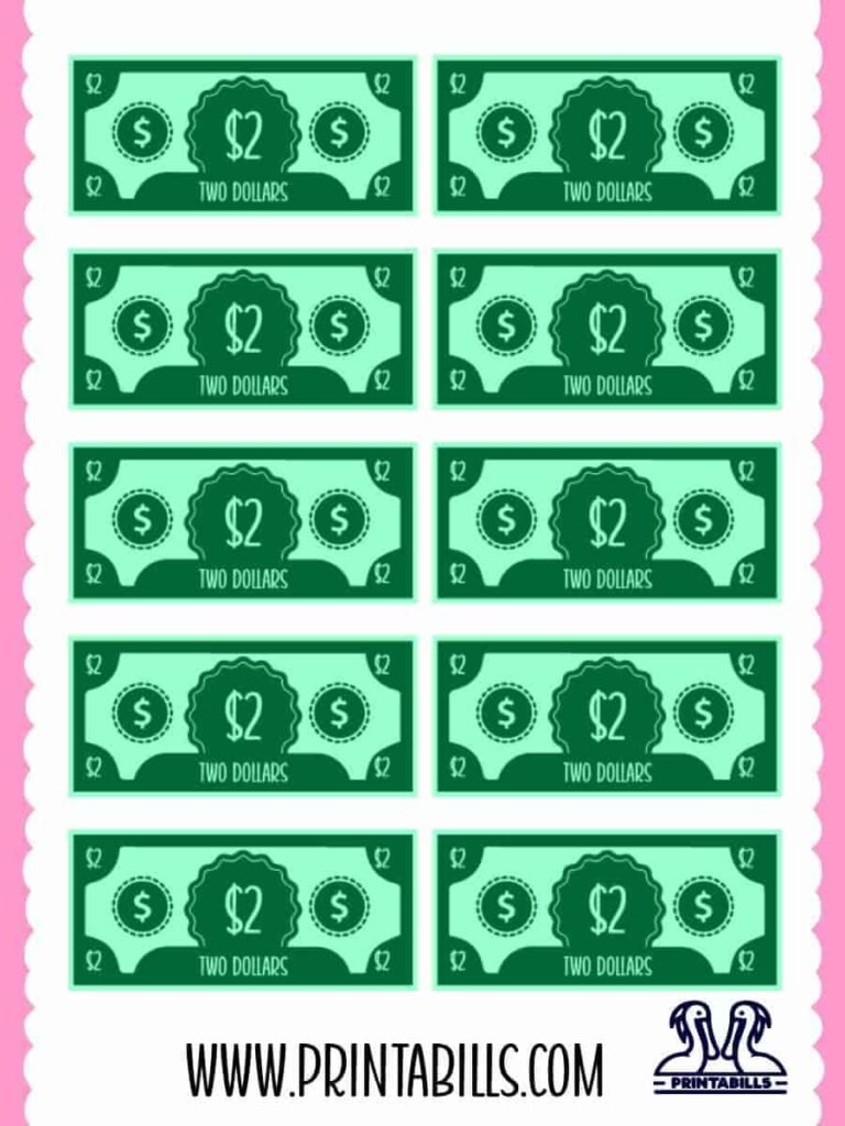 2 Dollar Play Money For Kids Printable