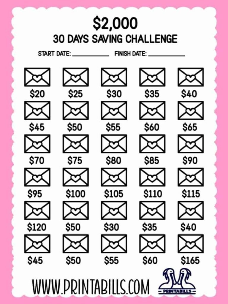 2000 Dollar Saving Challenge In 30 Days Free Printable
