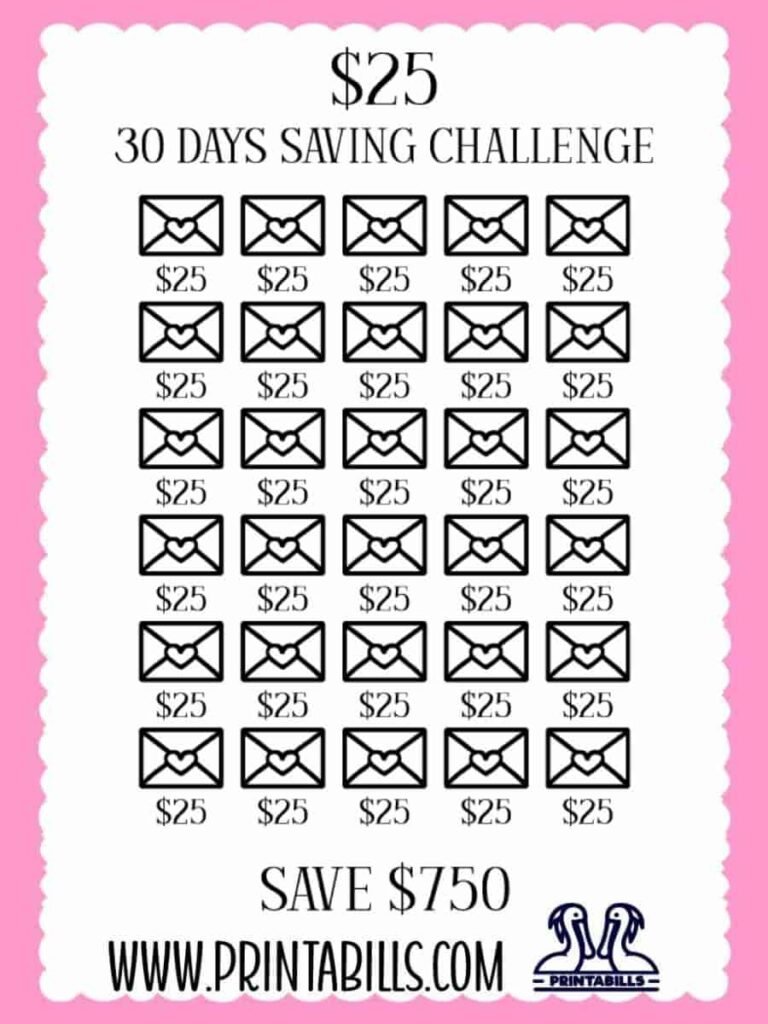 $25 For 30 Days Monthly Savings Challenge Printable