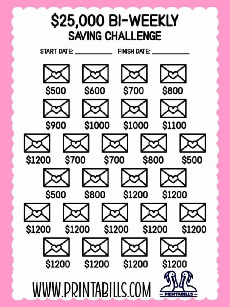 25000 Dollar Bi Weekly Saving Challenge Printable