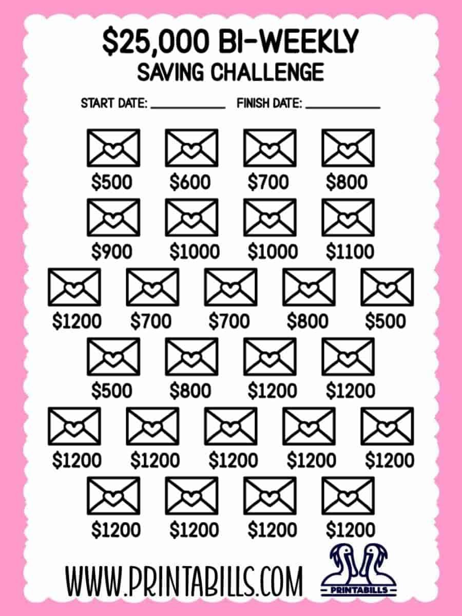 25000 Dollar Bi Weekly Saving Challenge Printable