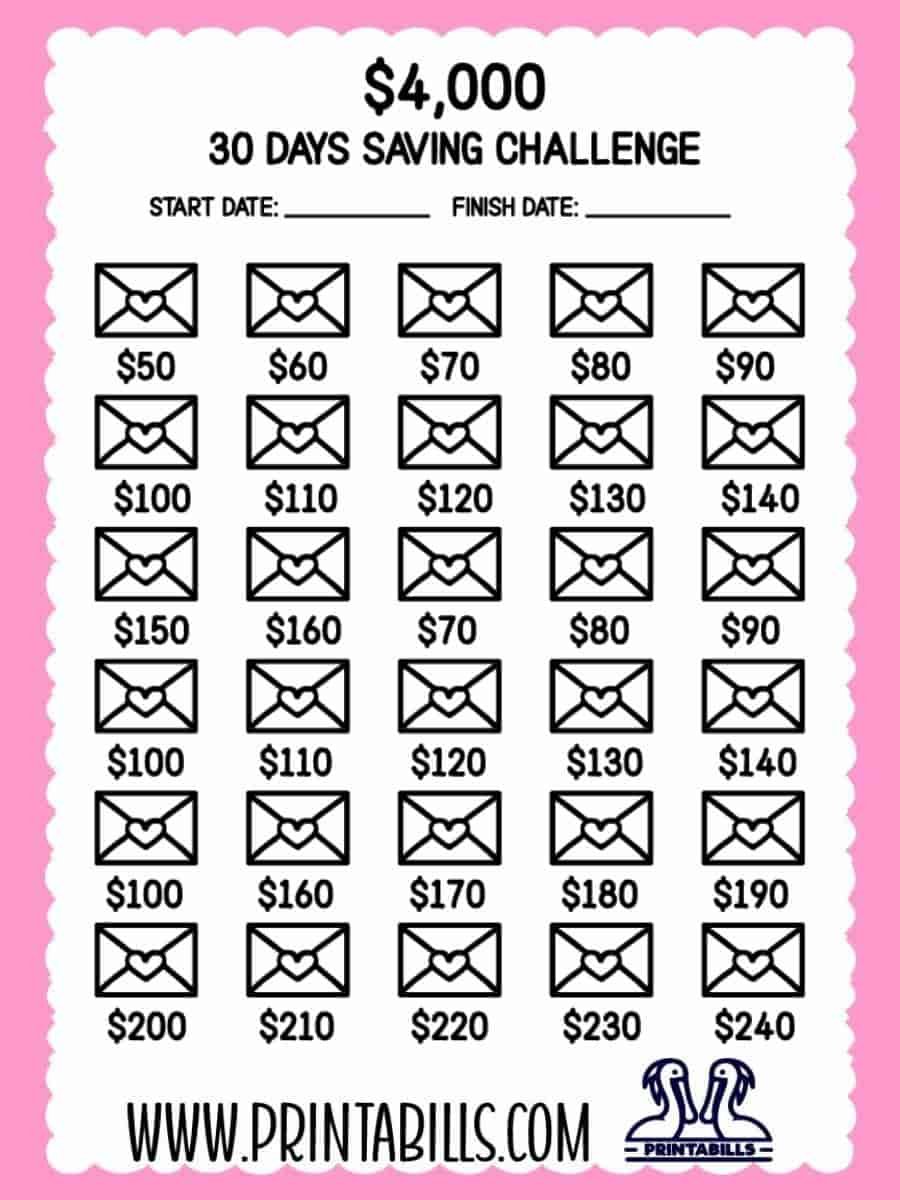 4000 Dollar Saving Challenge In 30 Days Free Printable