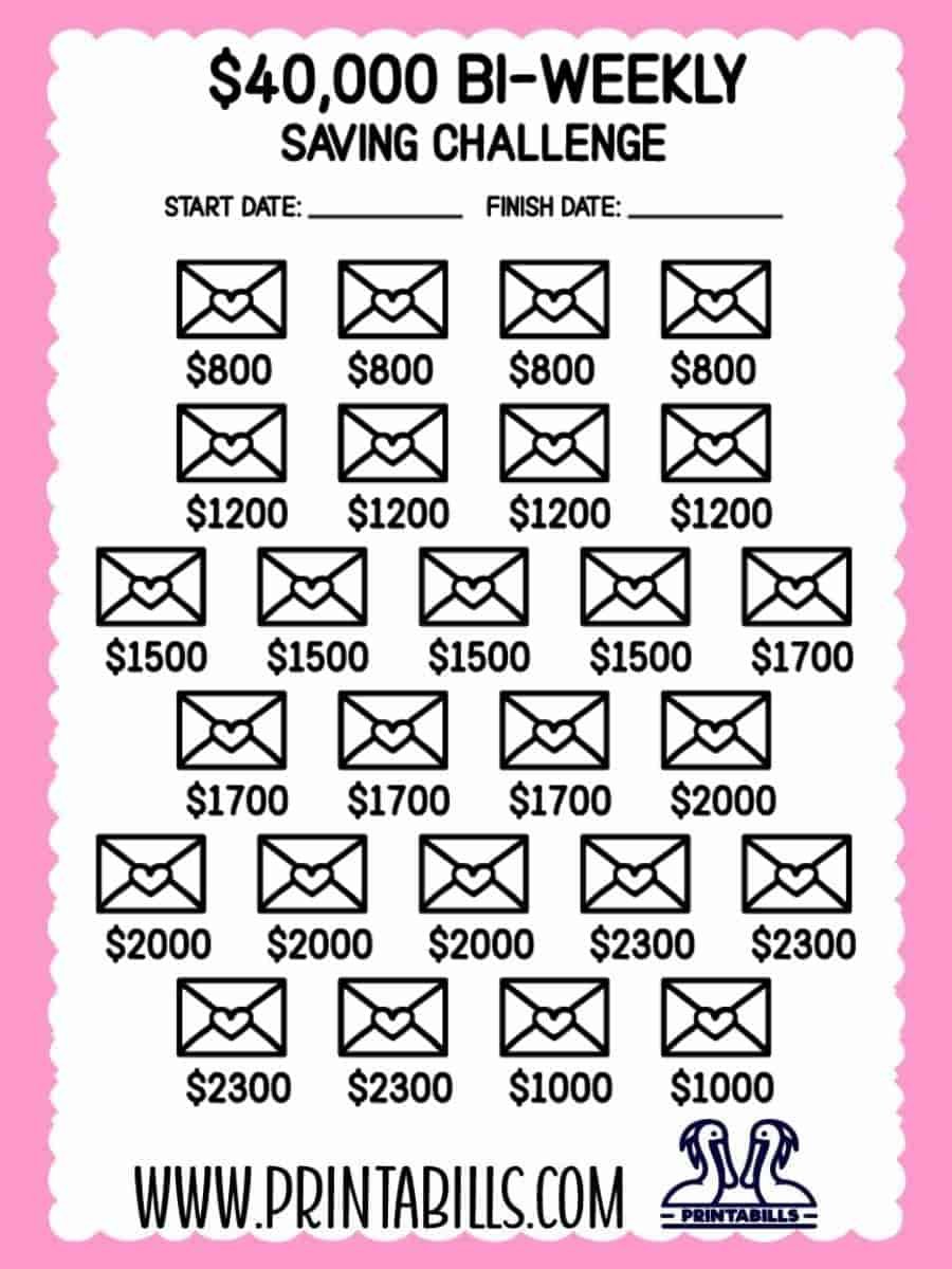 40000 Dollar Bi Weekly Saving Challenge Printable