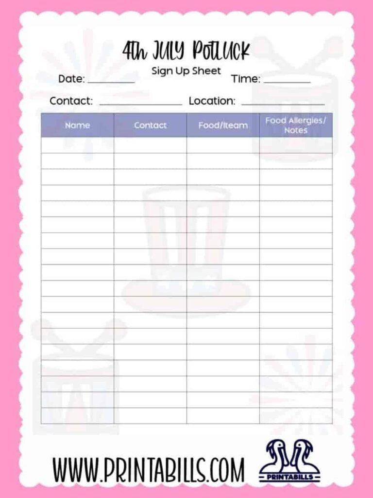 4th July Potluck Sign Up Sheet Printable