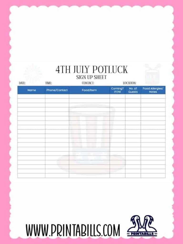 4th July Party Potluck Sign Up Sheet PDF Printable