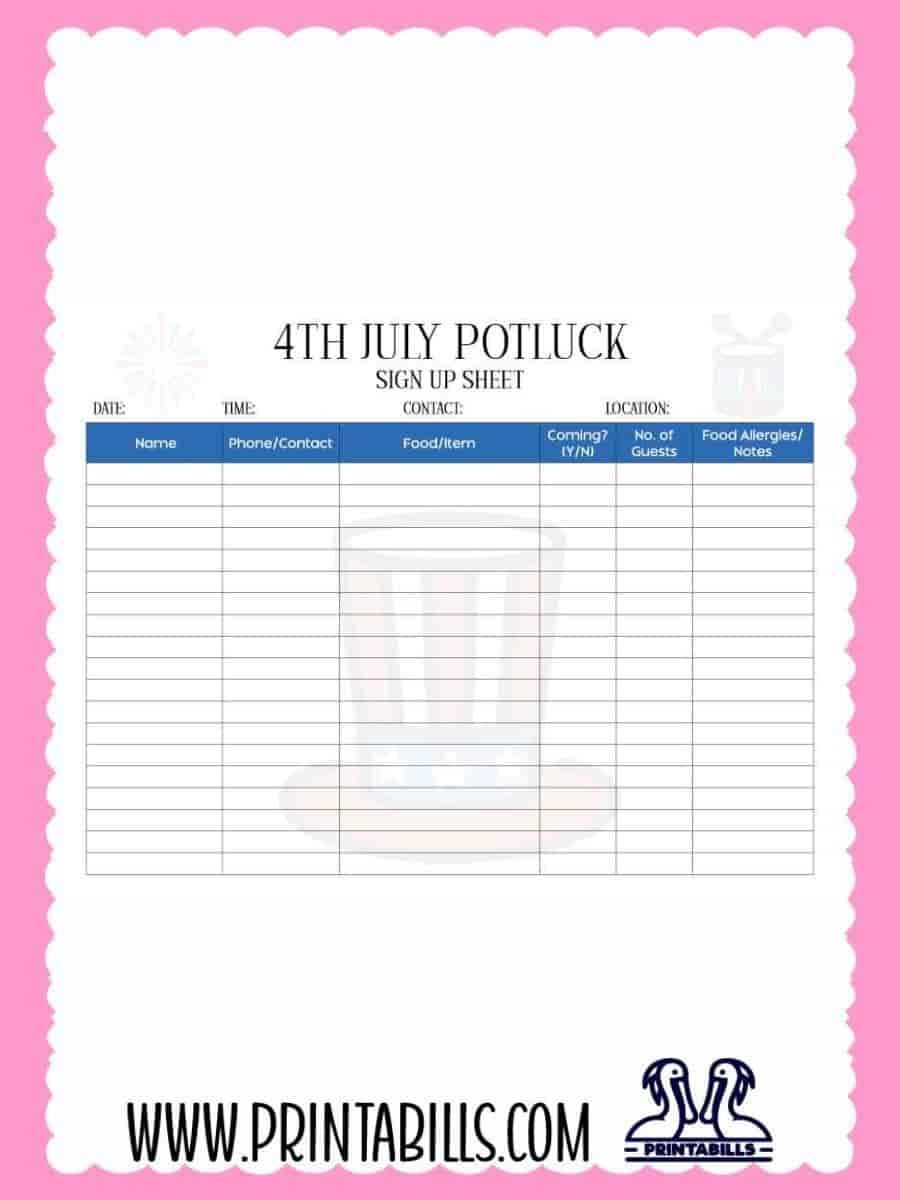 4th July Party Potluck Sign Up Sheet PDF Printable