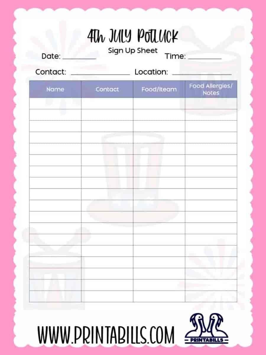 4th July Potluck Sign Up Sheet Printable