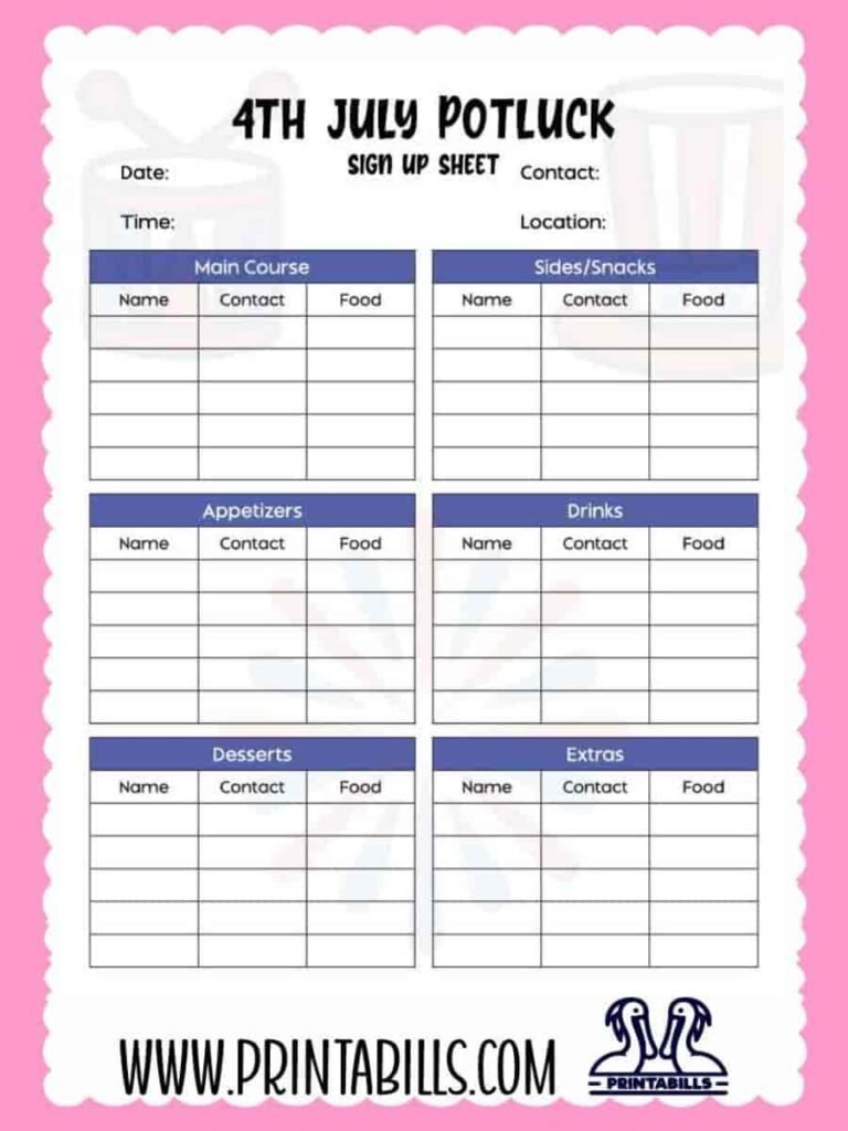 4th July Potluck Sign Up Sheet Template Printable