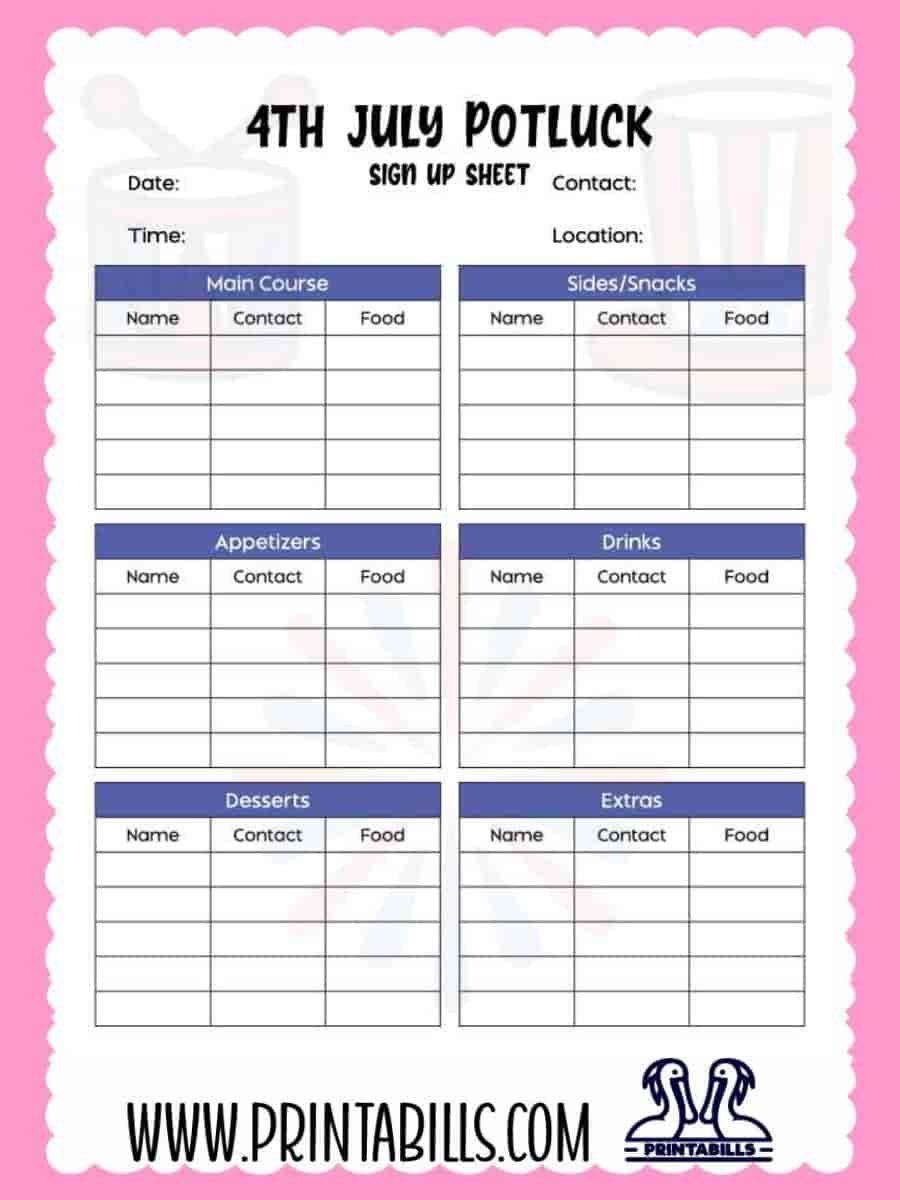 4th July Potluck Sign Up Sheet Template Printable