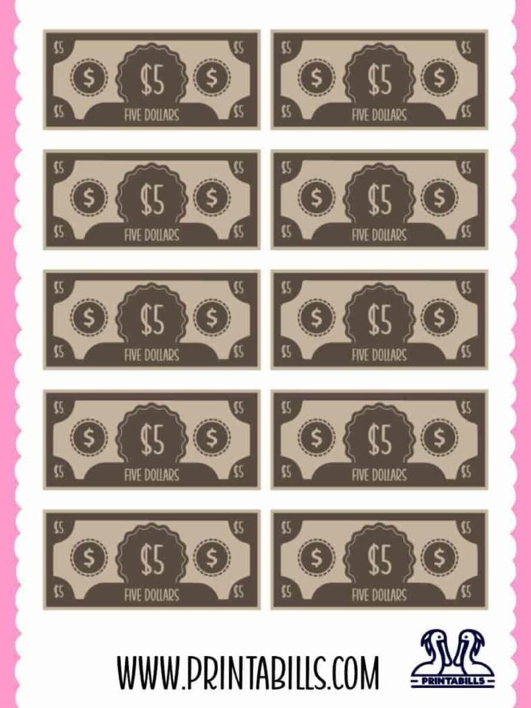 5 Dollar Play Money For Kids Printable