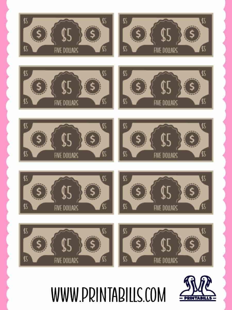 5 Dollar Play Money For Kids Printable