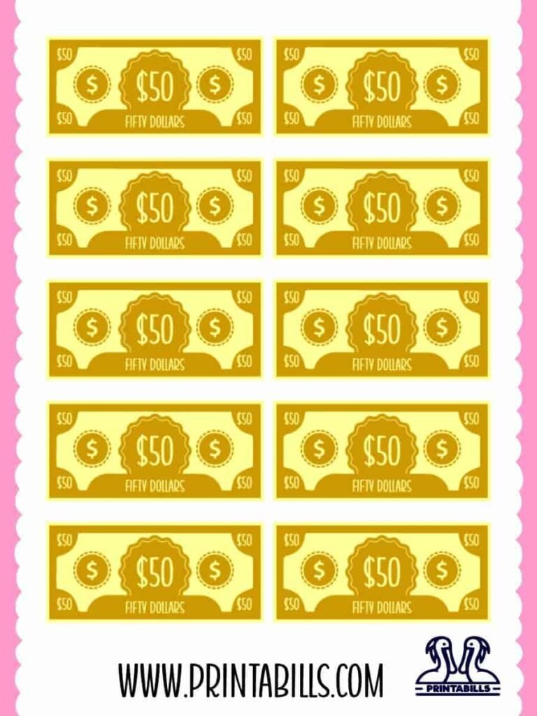 50 Dollar Play Money For Kids Printable