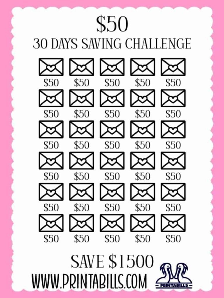 $50 For 30 Days Monthly Savings Challenge Printable