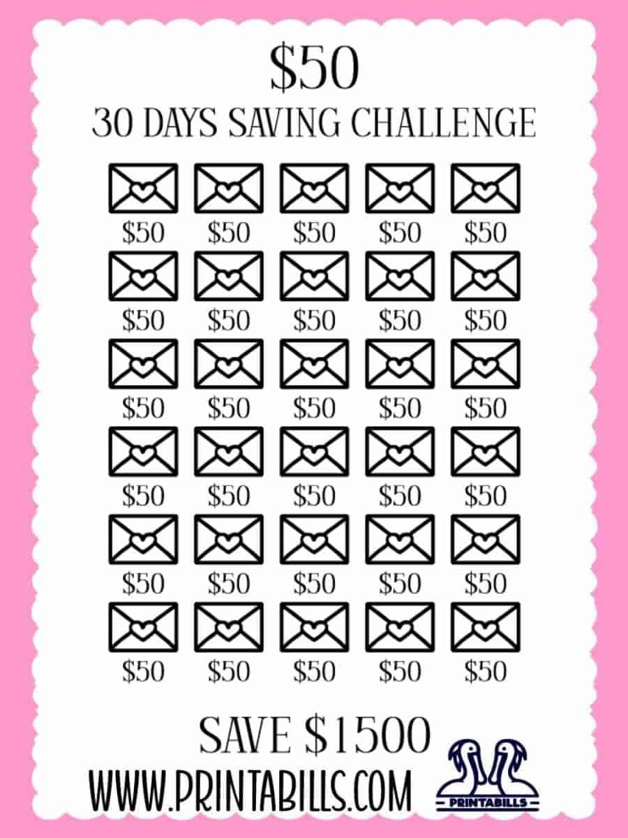 $50 For 30 Days Monthly Savings Challenge Printable