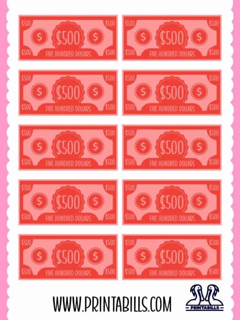 500 Dollar Play Money For Kids Printable