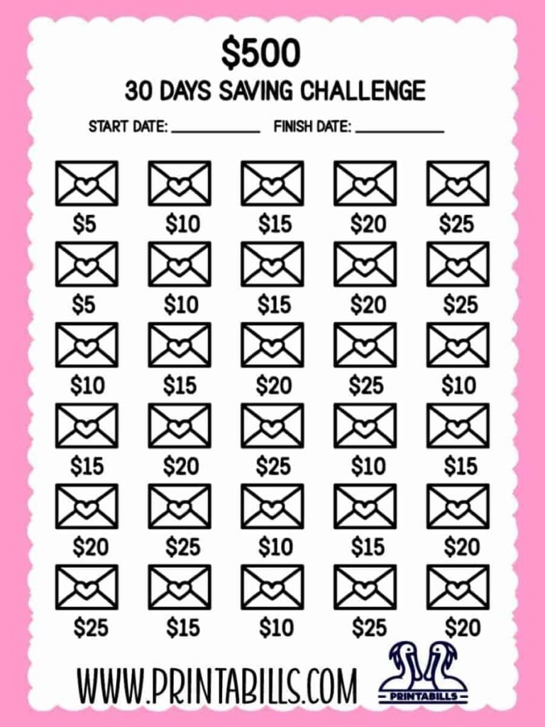 500 Dollar Saving Challenge In 30 Days Printable