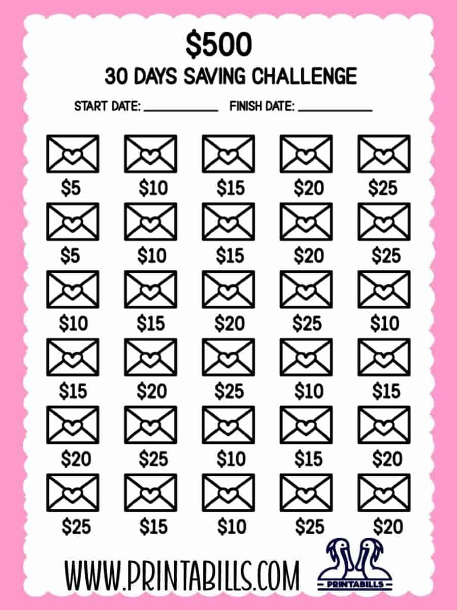 500 Dollar Saving Challenge In 30 Days Printable