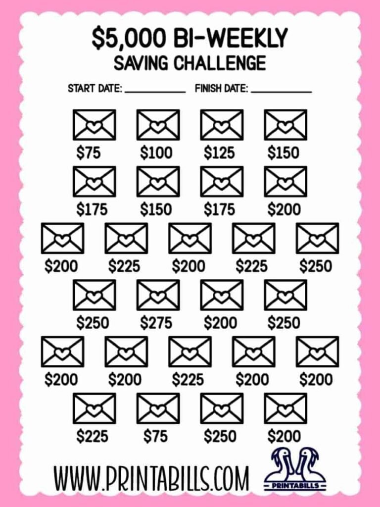 5000 Dollar Bi Weekly Saving Challenge Printable