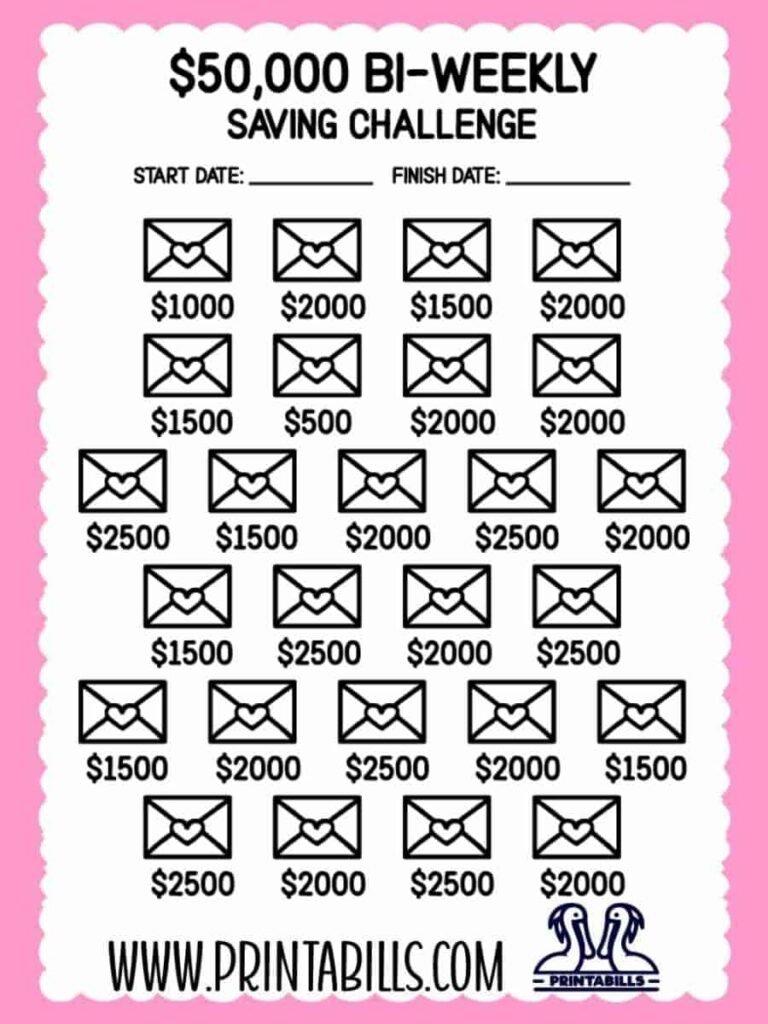 50000 Dollar Bi Weekly Saving Challenge Printable