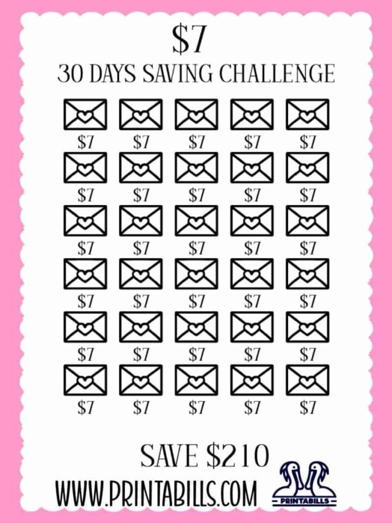$7 For 30 Days Low Income Savings Challenge Printable