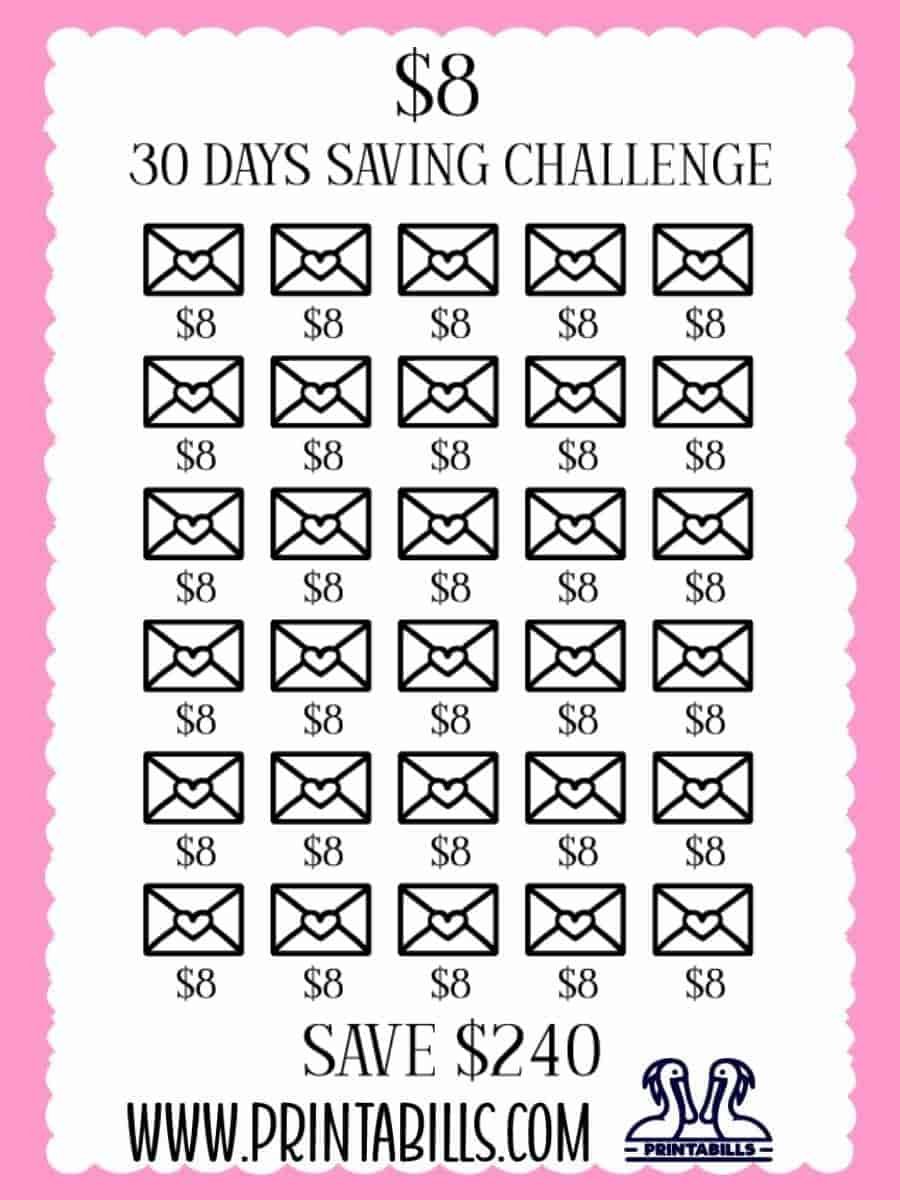 $8 For 30 Days Low Income Savings Challenge Printable