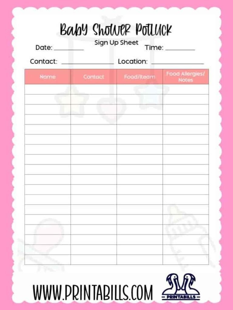 Baby Shower Potluck Sign Up Sheet Printable
