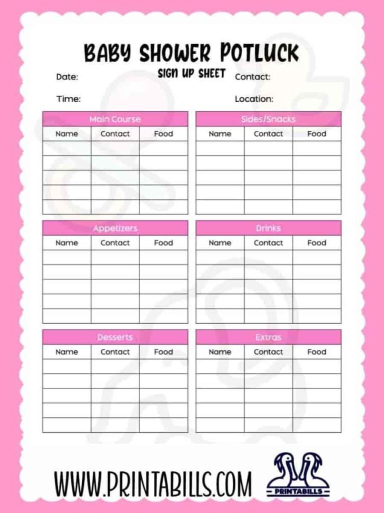 Baby Shower Potluck Sign Up Sheet Template Printable