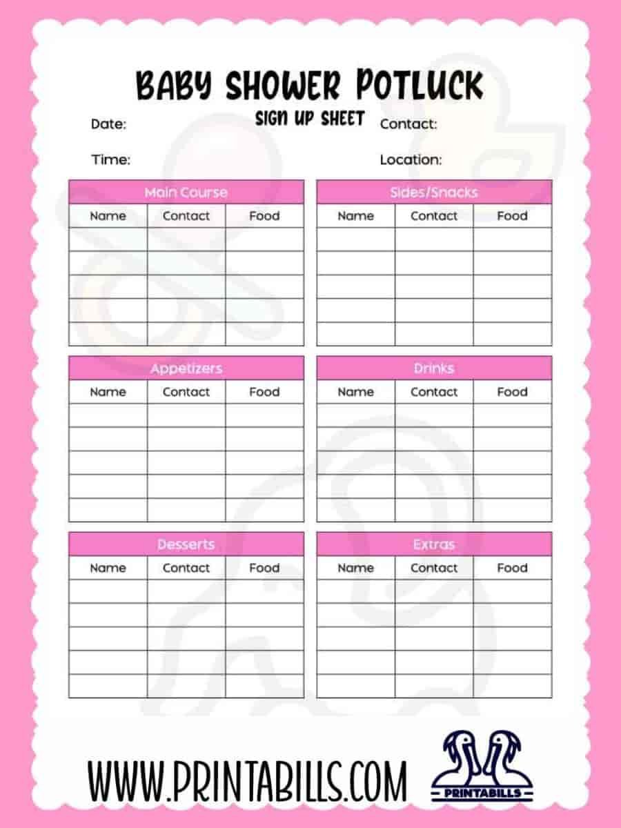 Baby Shower Potluck Sign Up Sheet Template Printable