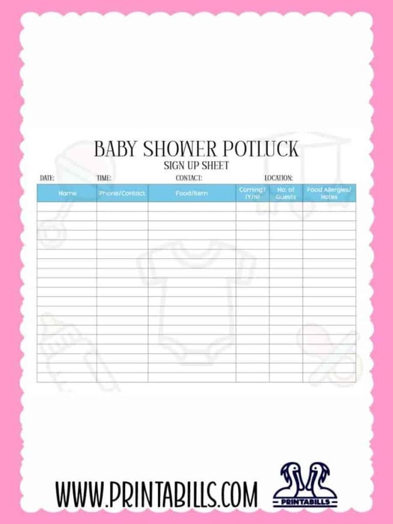 Baby Shower Party Potluck Sign Up Sheet PDF Printable