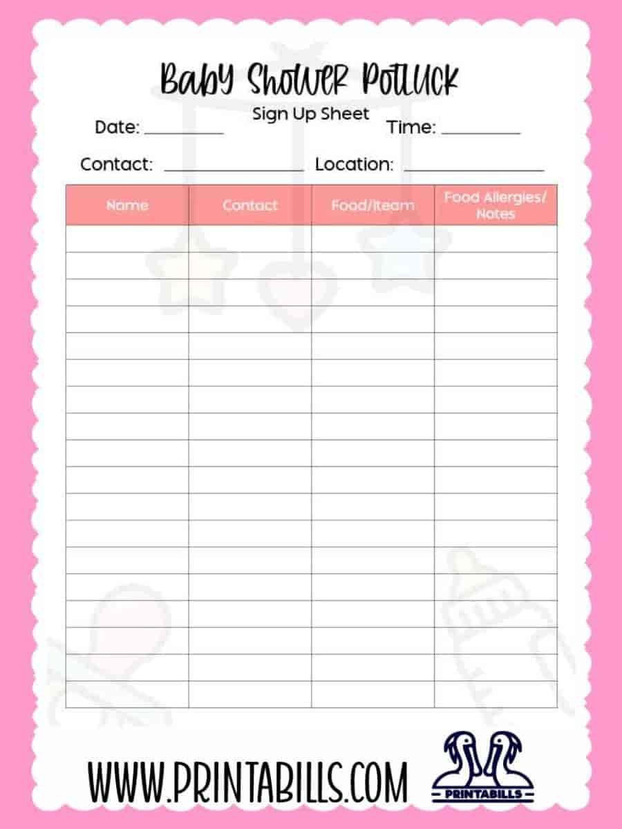 Baby Shower Potluck Sign Up Sheet Printable