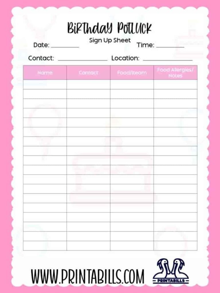 Birthday Potluck Sign Up Sheet Printable